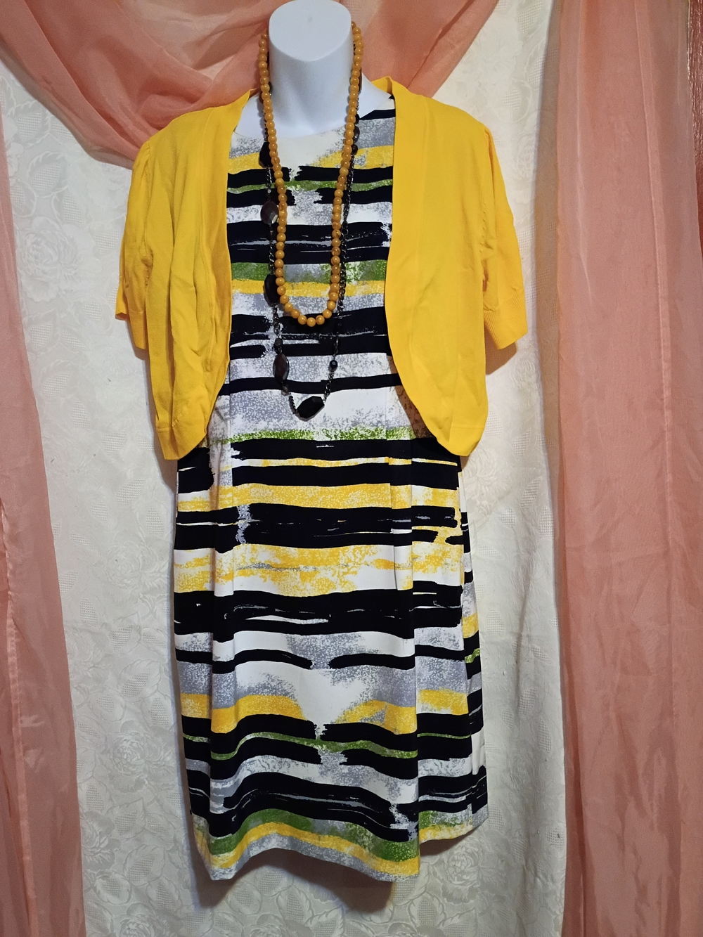 I.N. Studio Yellow, Black & White Striped Midi Dress
